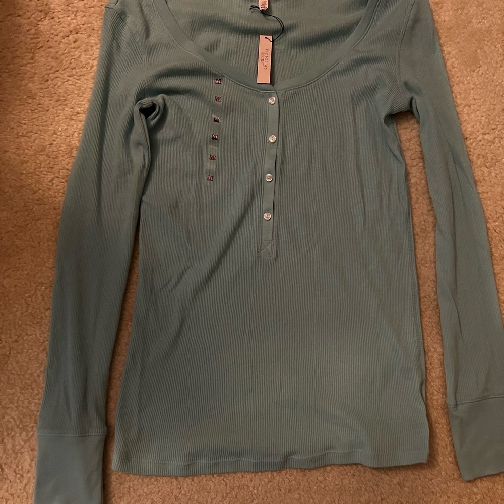 Victoria Secret Pajama Shirt Top Green Long Sleeve Ribbed, sz M - Picture 2 of 8